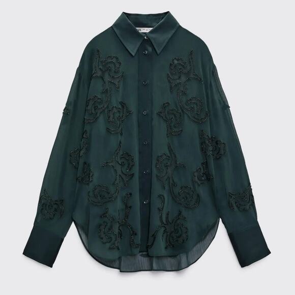 Zara Semi-Sheer Collared Button-Up Blouse Tonal Bead Applique Forest Green Small - Picture 1 of 14